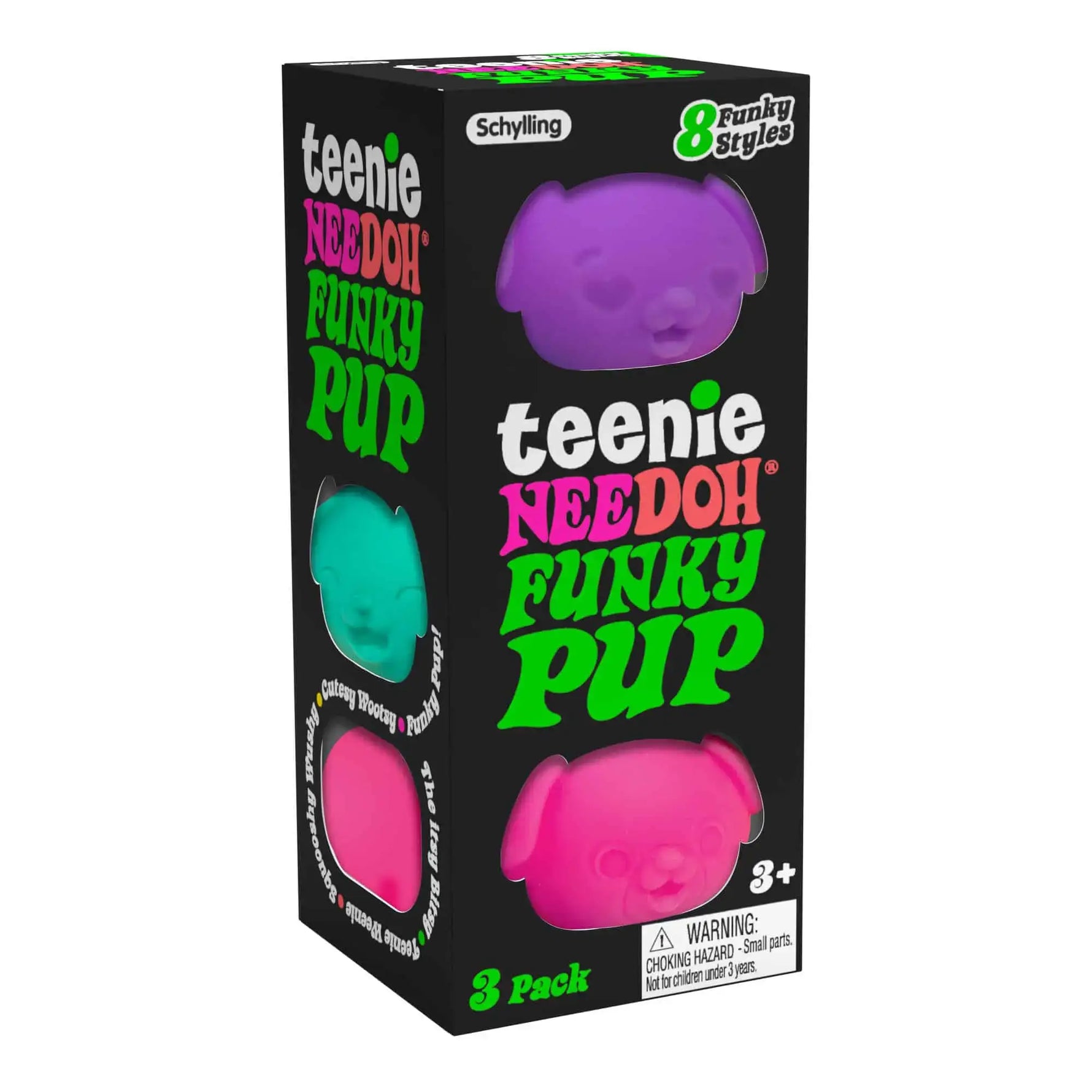 The product package for the Teenie Nee Doh Funky Pup 3 Pack.