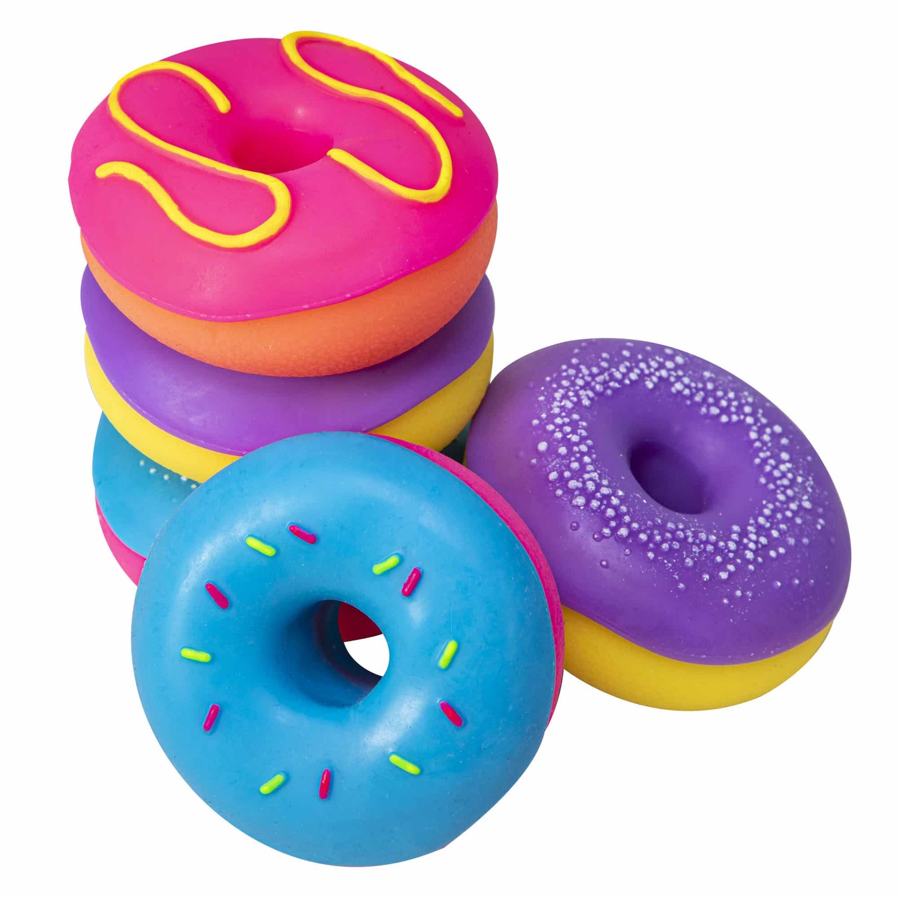 A stack of colorful NeeDoh Dohnuts.