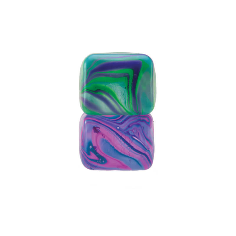 The green NeeDoh Nice Cube Swirl stacked on the blue.