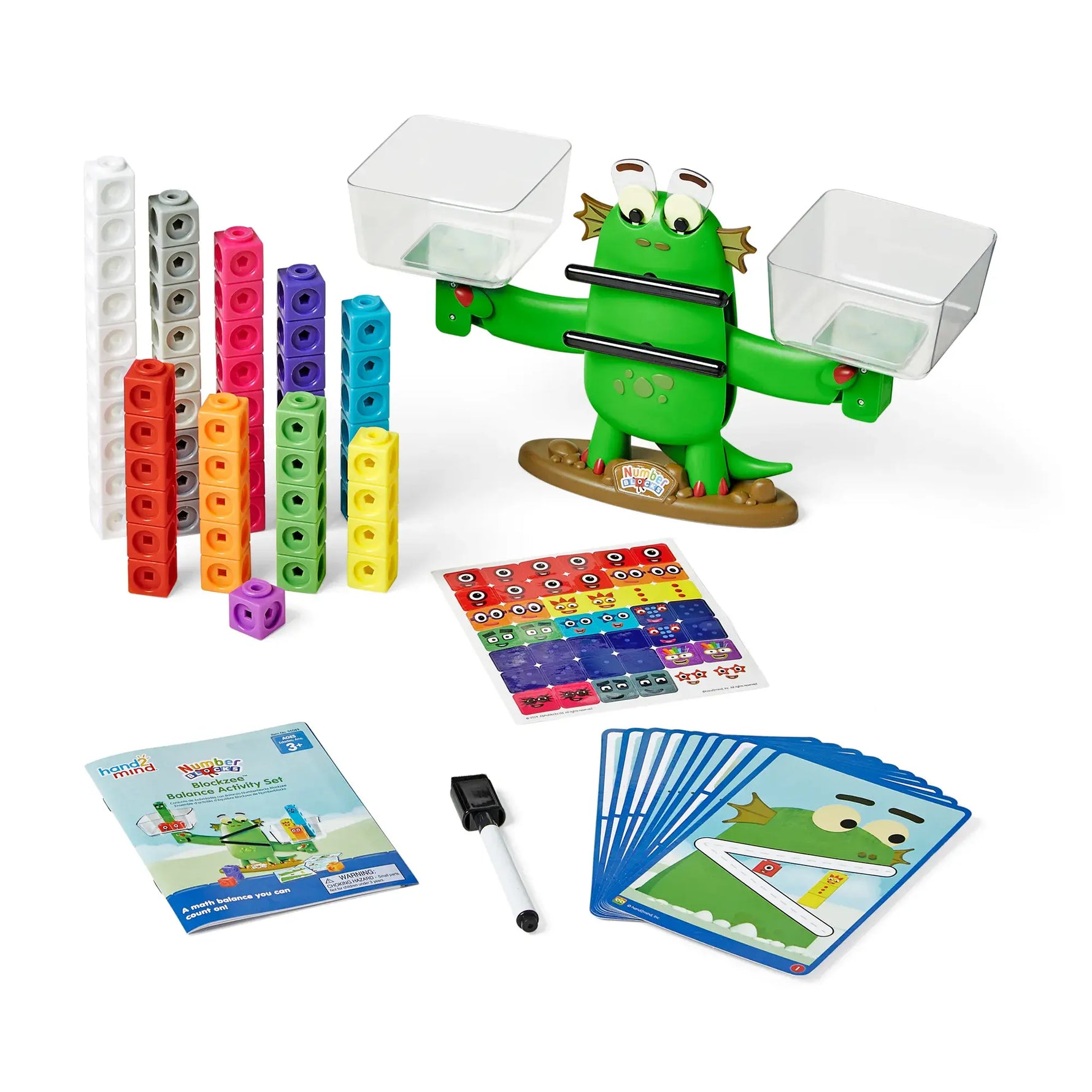 A photo of the contents of Numberblocks Blockzee Balance Activity Set.
