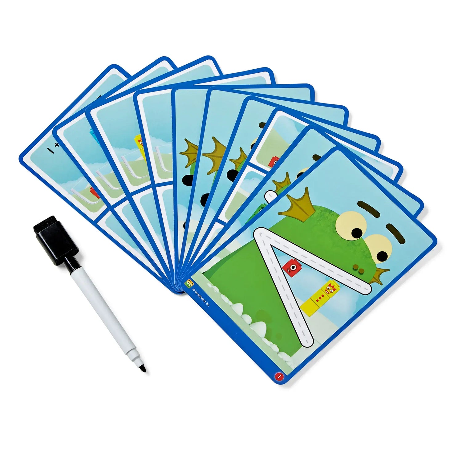 The double sided activity cards and Dry Erase Marker that come with Numberblocks Blockzee Balance Activity Set.