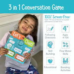 A list of the benefits for the Let's Chat Portable Conversation Game.