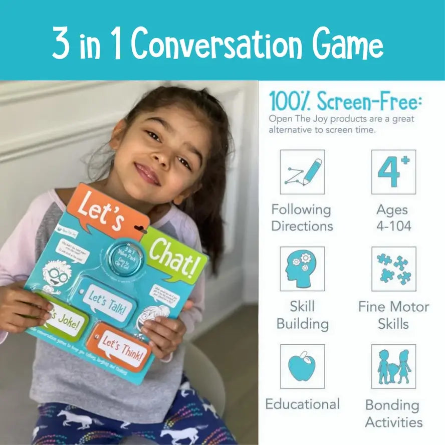 A list of the benefits for the Let's Chat Portable Conversation Game.