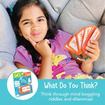 A child holds a finger to their chin as though thinking while holding the Let's Think Conversation Cards.