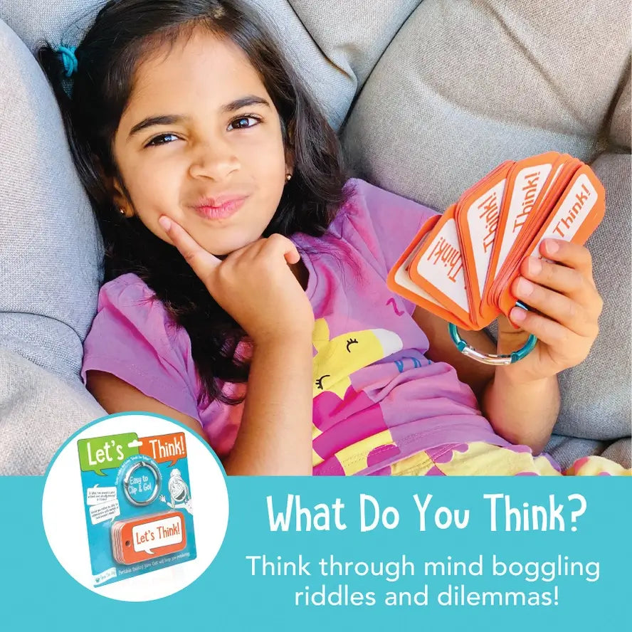 A child holds a finger to their chin as though thinking while holding the Let's Think Conversation Cards.