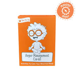 An orange box with a cartoon drawing of a child in a Zen like state, the product package for Anger Management Cards.