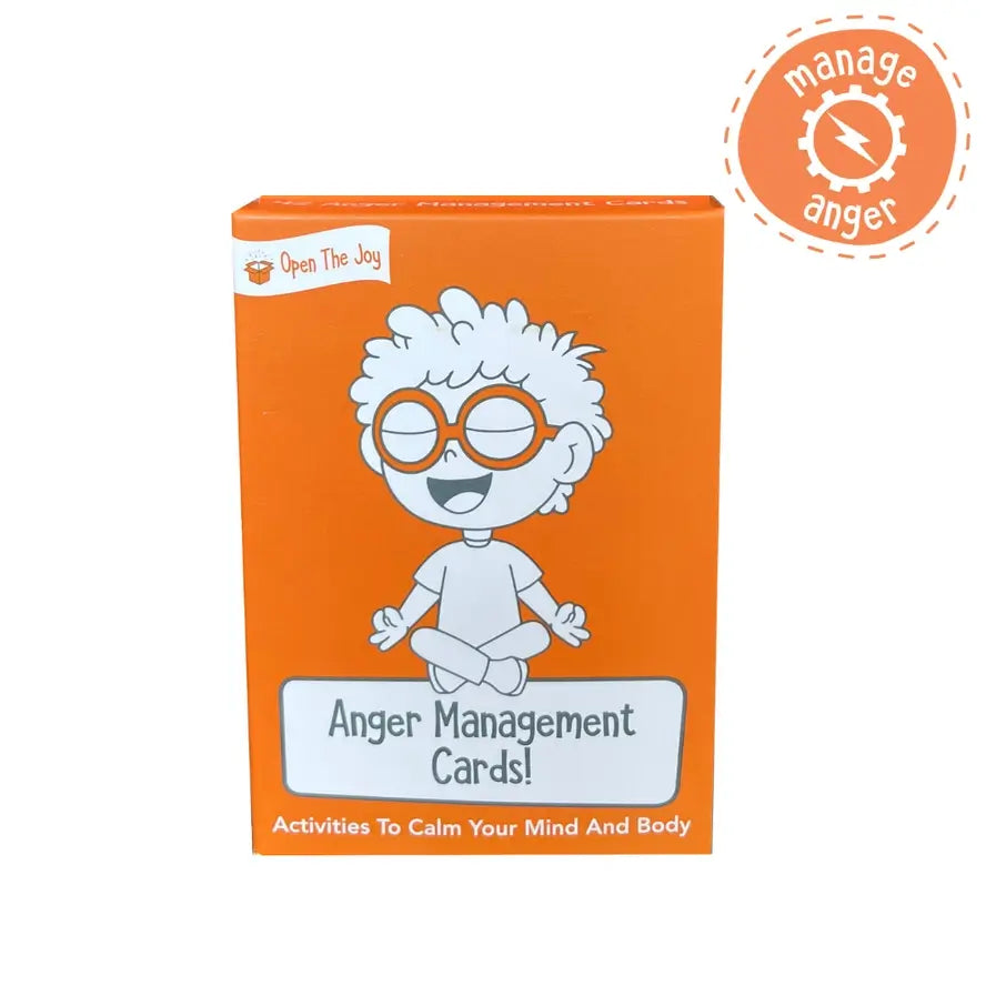 An orange box with a cartoon drawing of a child in a Zen like state, the product package for Anger Management Cards.