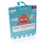 A red horned monster clenching its fists on a blue product box for the Anger Management in a Box Tool Kit.
