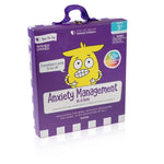 A yellow anxious monster on a purple product box for the Anxiety Management in a Box.