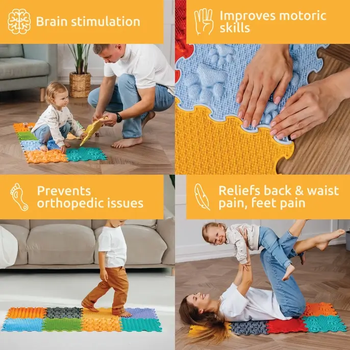 An infographic with some of the benefits of the Ortoto Sensory Puzzle Mats.