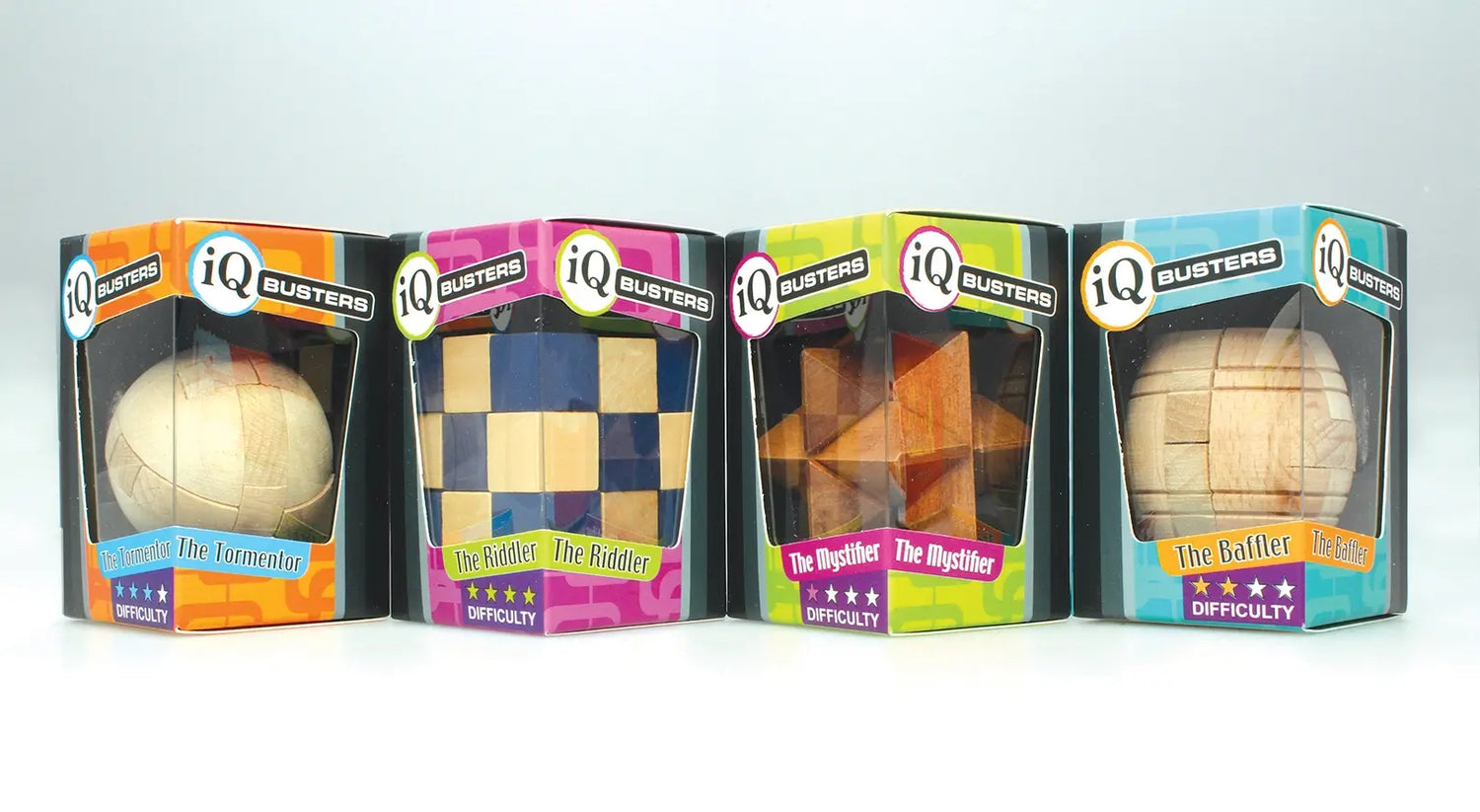 An up-close look at the four different IQ Busters Wooden Puzzles.
