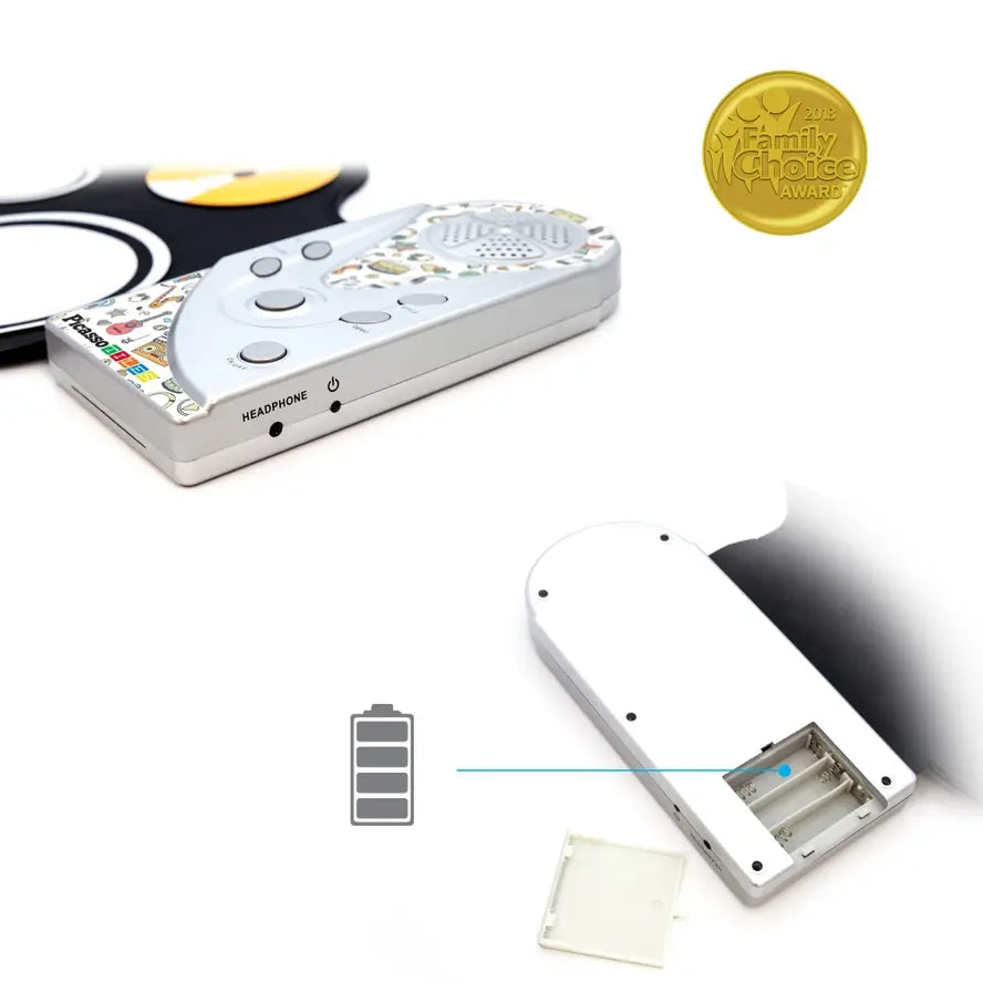 A close-up look at the headphone jack and battery compartment of the Roll-Up Electronic Drum Kit.