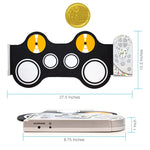 An infographic with the product dimensions for the Roll-Up Electronic Drum Kit: 27.5"Lx12.5"W.