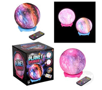 A picture showing the product package for the Color Changing Planet Wireless Speaker, and two different color options as it glows.