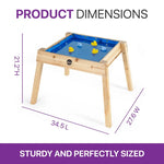 An infographic showing the product dimensions for the Build and Splash Wooden and and Water Table.
