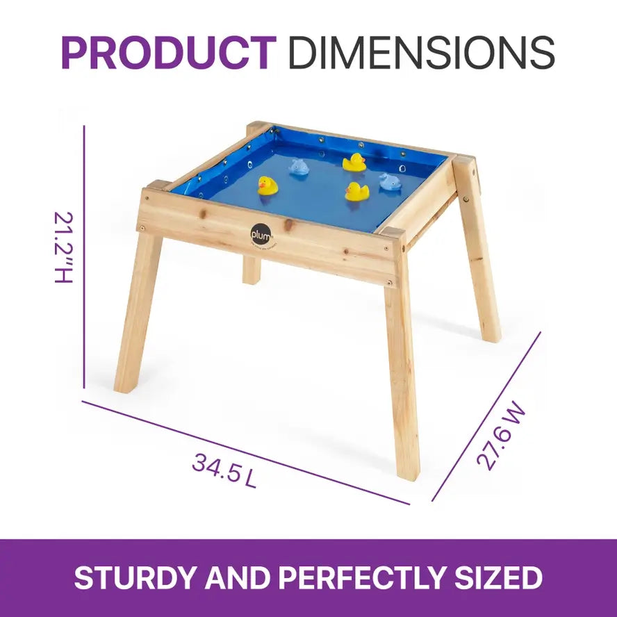 An infographic showing the product dimensions for the Build and Splash Wooden and and Water Table.