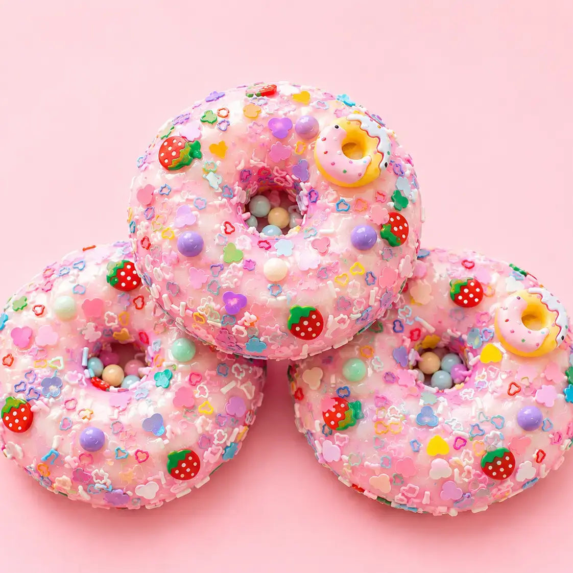 Three pink donuts form a stack. They are covered in tons of "sprinkles."
