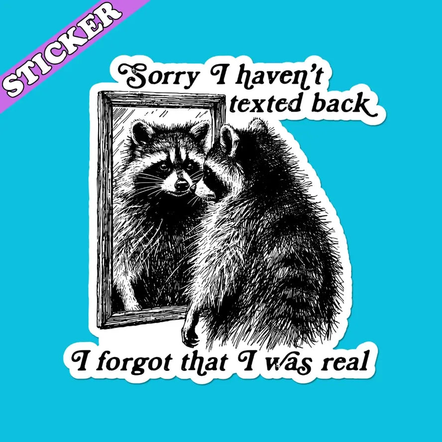 A raccoon looks at itself in a mirror and the text reads: Sorry I haven't texted back, I forgot that I was real.