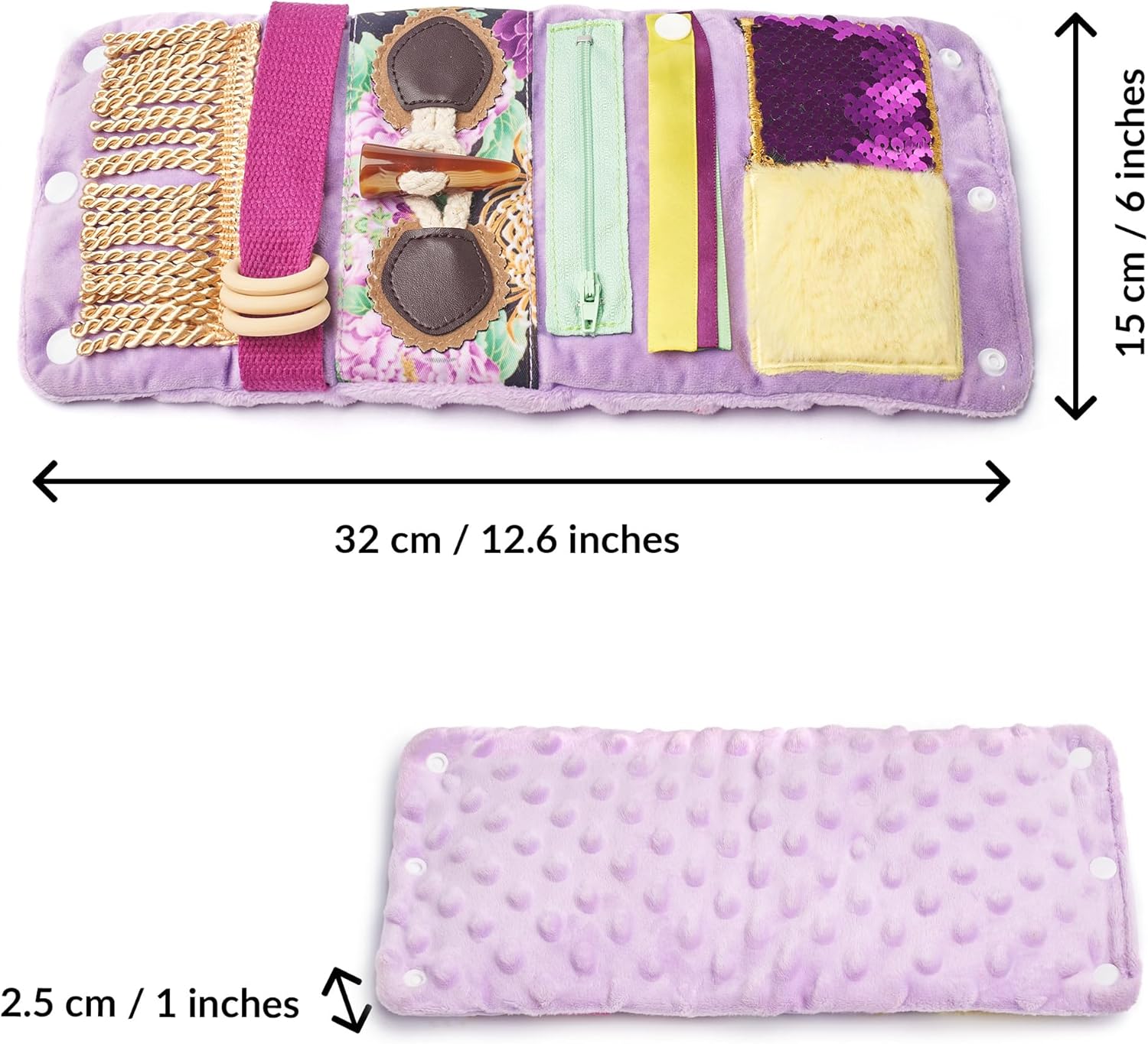 A infographic with the dimensions of the Purple Fidget Wrist Cuff.