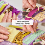 A look at the flip sequins, soft rings, furry square, and zipper fidgets on the Purple Fidget Wrist Cuff.