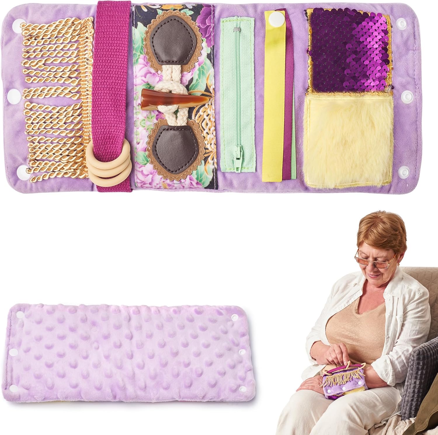 The unfolded Purple Fidget Wrist Cuff.