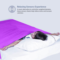 An infographic that reads: A smart alternative to restrictive weighted blankets, these sensory sheets help relieve stress and increase calmness.
