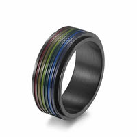 The Rainbow 8mm LGBTQ Pride Stainless Steel (Black) Spinner Ring.