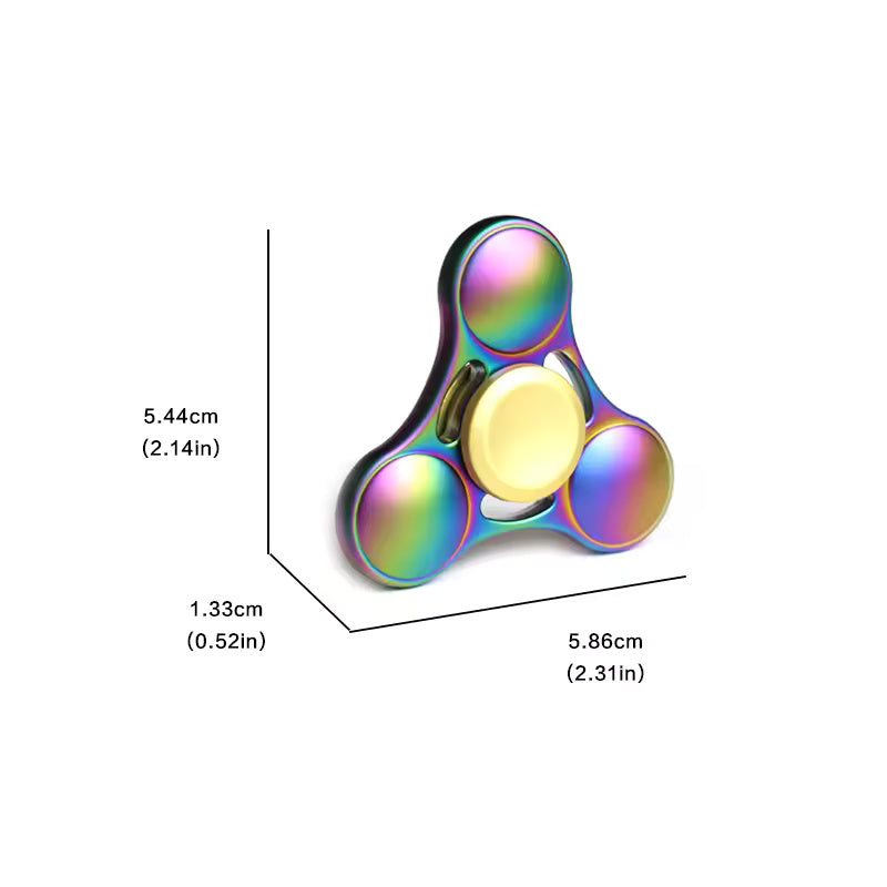 An infographic showing the dimensions for the Rainbow Metal Fidget Spinner: 2.14"x.52".