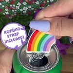 A hand with purple nails opens a can using the Rainbow Tab Buddy.