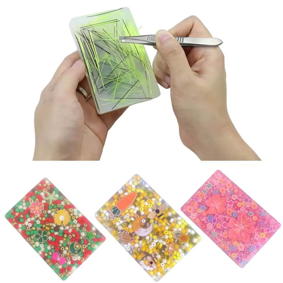 A hand uses tweezers to pull out items from a Rectangular Pick Pad.
