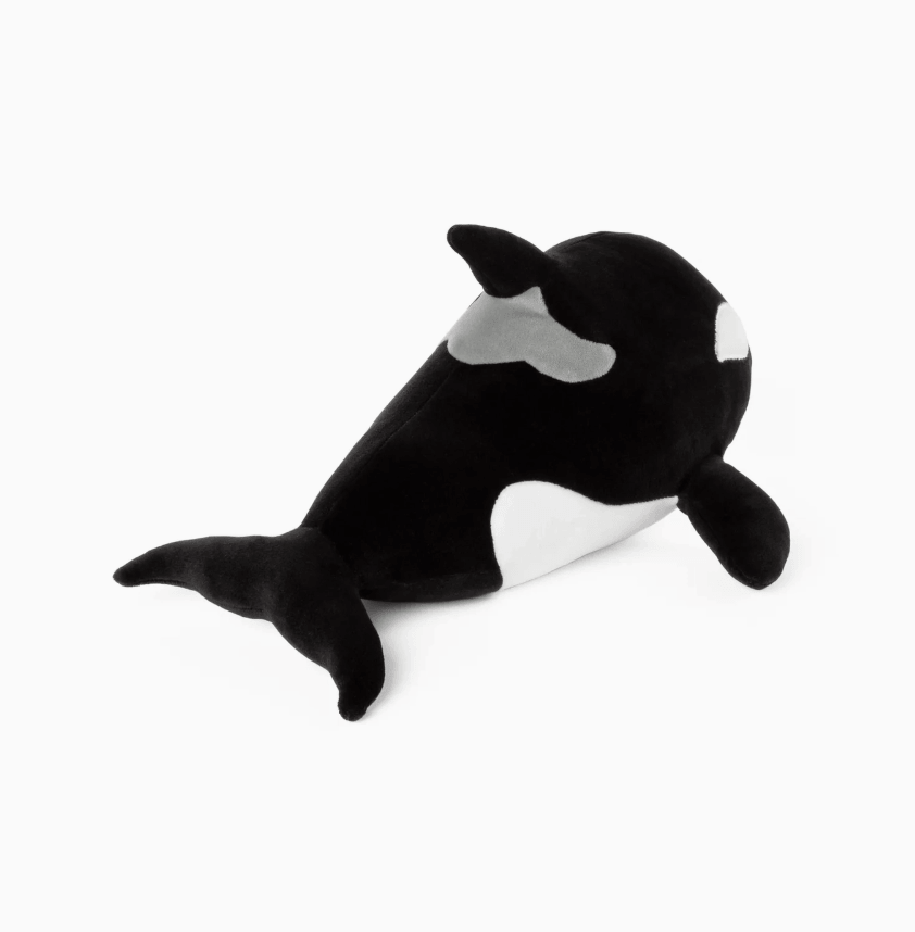 The backside of the 3 lb Weighted Orca Plush.