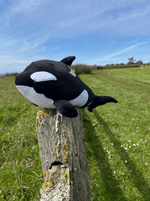 The 3 lb Weighted Orca Plush on a mossy fence.
