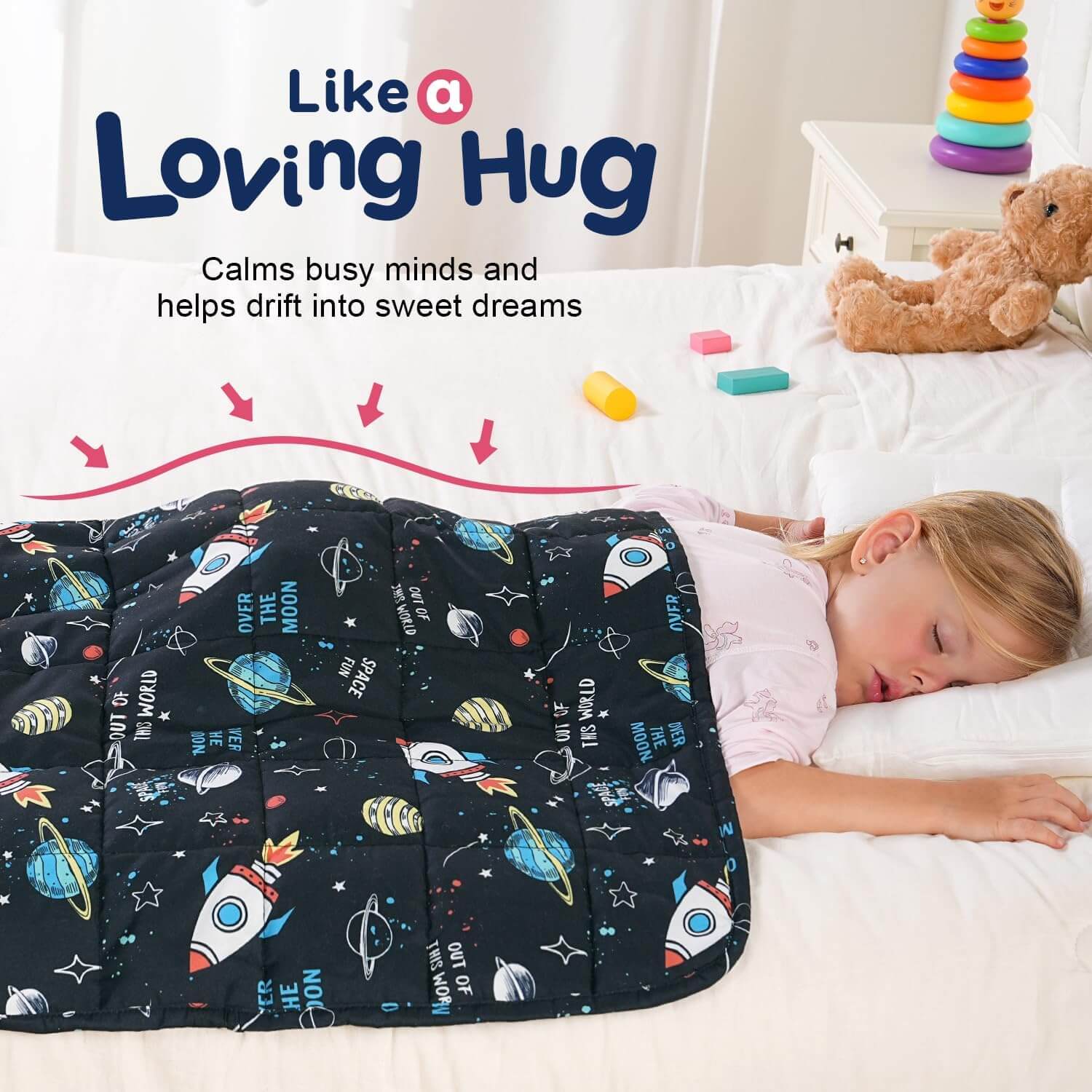 A child lays on her tummy and sleeps peacefully under the Rocket Weighted Cooling Lap Pad 2 lb.