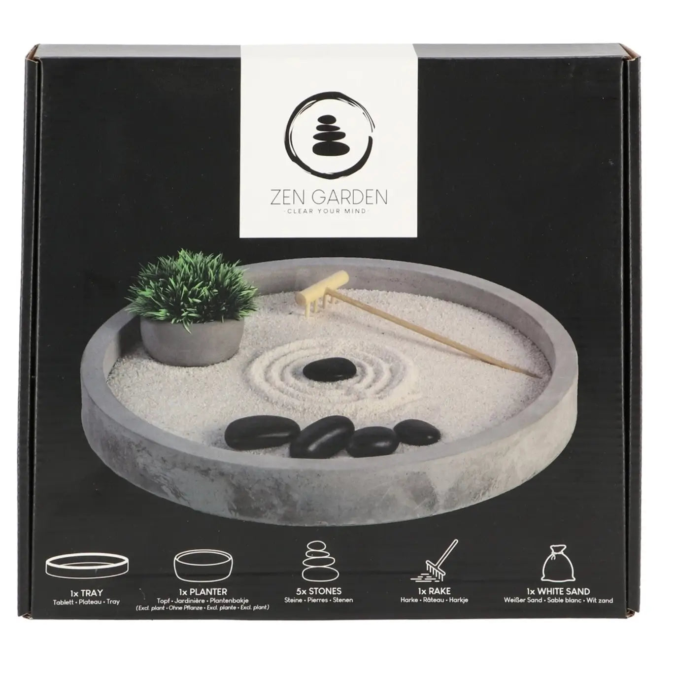 A product package for the Round Mini Zen Garden.