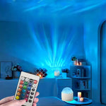A hand adjusts the color of the USB Powered Round Ocean Wave LED Projector - 16 Colors with the remote.