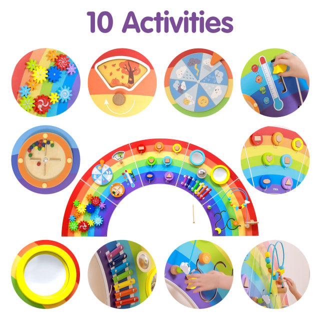 An infographic showing the 10 different activities on the Rainbow Activity Wall Panels.