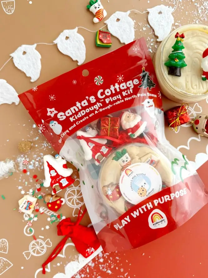 The product packaging for Santa's Cottage KidDough Plat Kit below a string of decorative white beards.