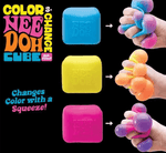 An infographic showing the color change when the Color Change NeeDoh Cube is squeezed.