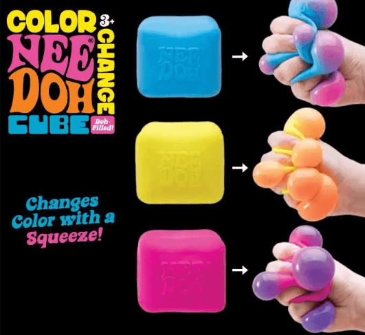 An infographic showing the color change when the Color Change NeeDoh Cube is squeezed.