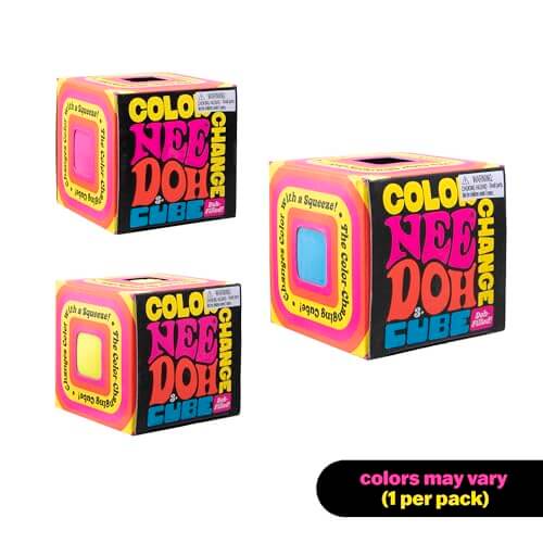 The three different colors of Color Change NeeDoh Cubes in their product packages.