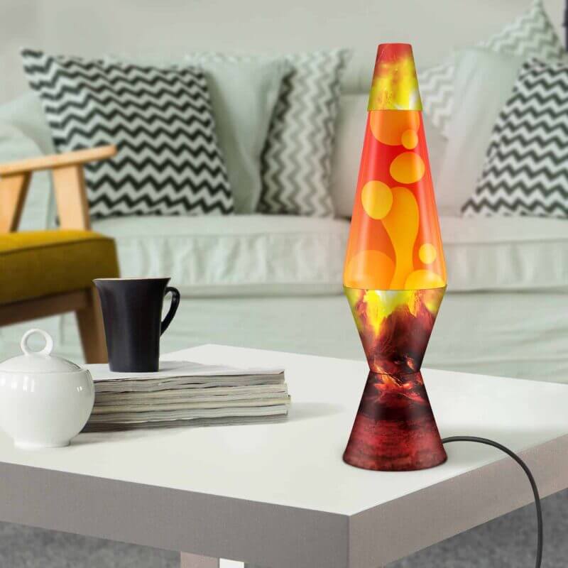 The Erupting Lava Lamp on a coffee table.
