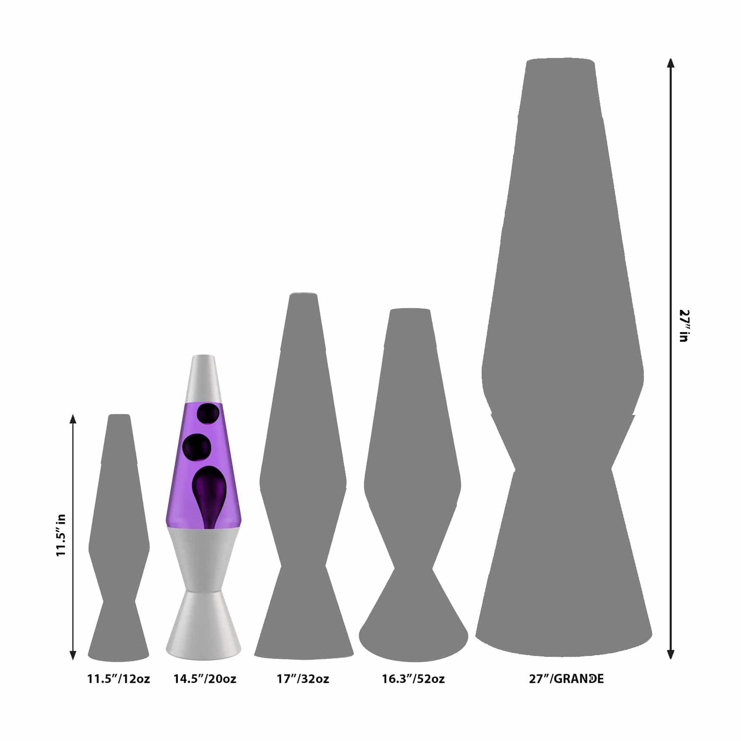 A graphic demonstrating the size of the 14.5" LAVA Lamp - Black/Purple/Silver.
