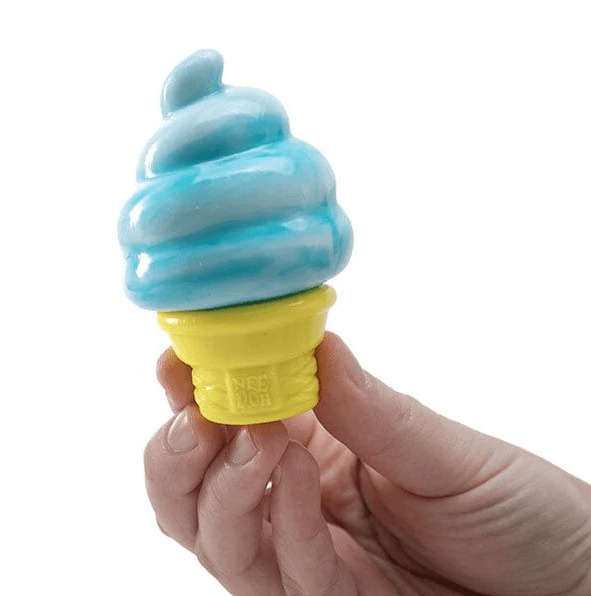 A hand holds the blue Nee Doh Nice Cream Cone.