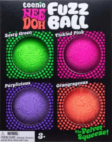 The product package for Teenie Nee Doh Fuzz Ball 4-Pack.