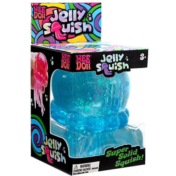 The blue NeeDoh Jelly Squish in its product package.