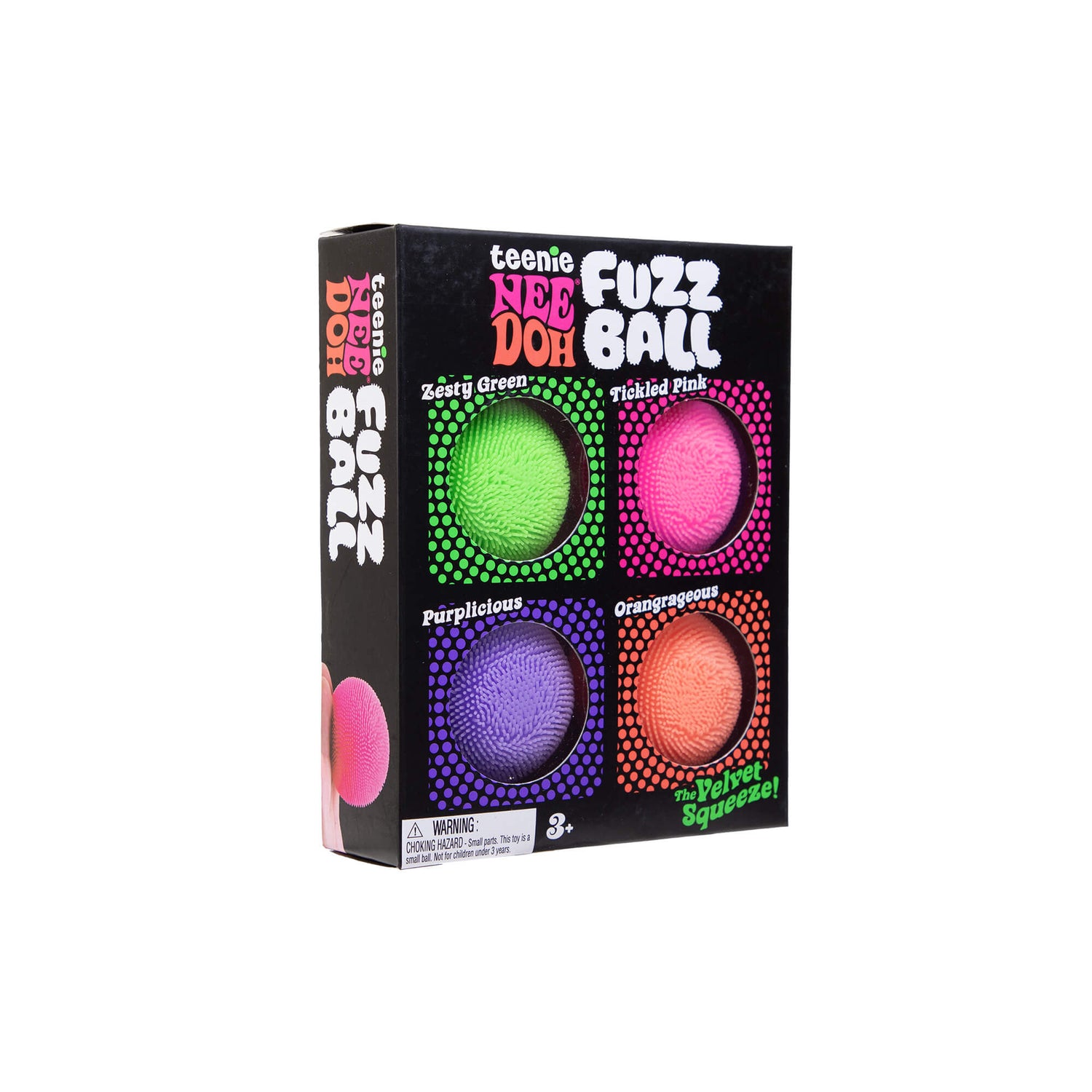 The NeeDoh Teenie Fuzz Ball 4-Pack in its product package.