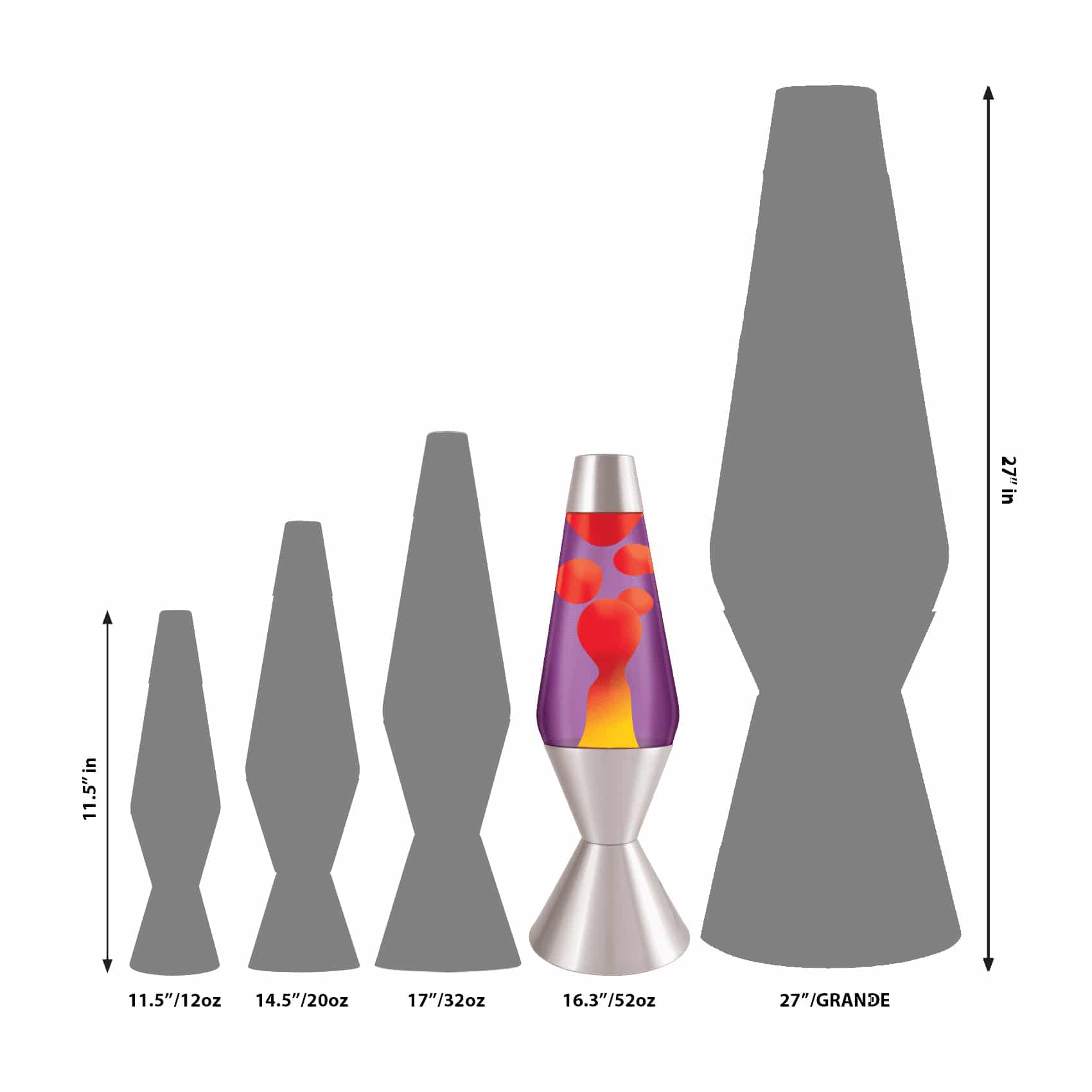 The 16.3" silver, yellow, and purple Lava Lamp in an infographic to demonstrate size.