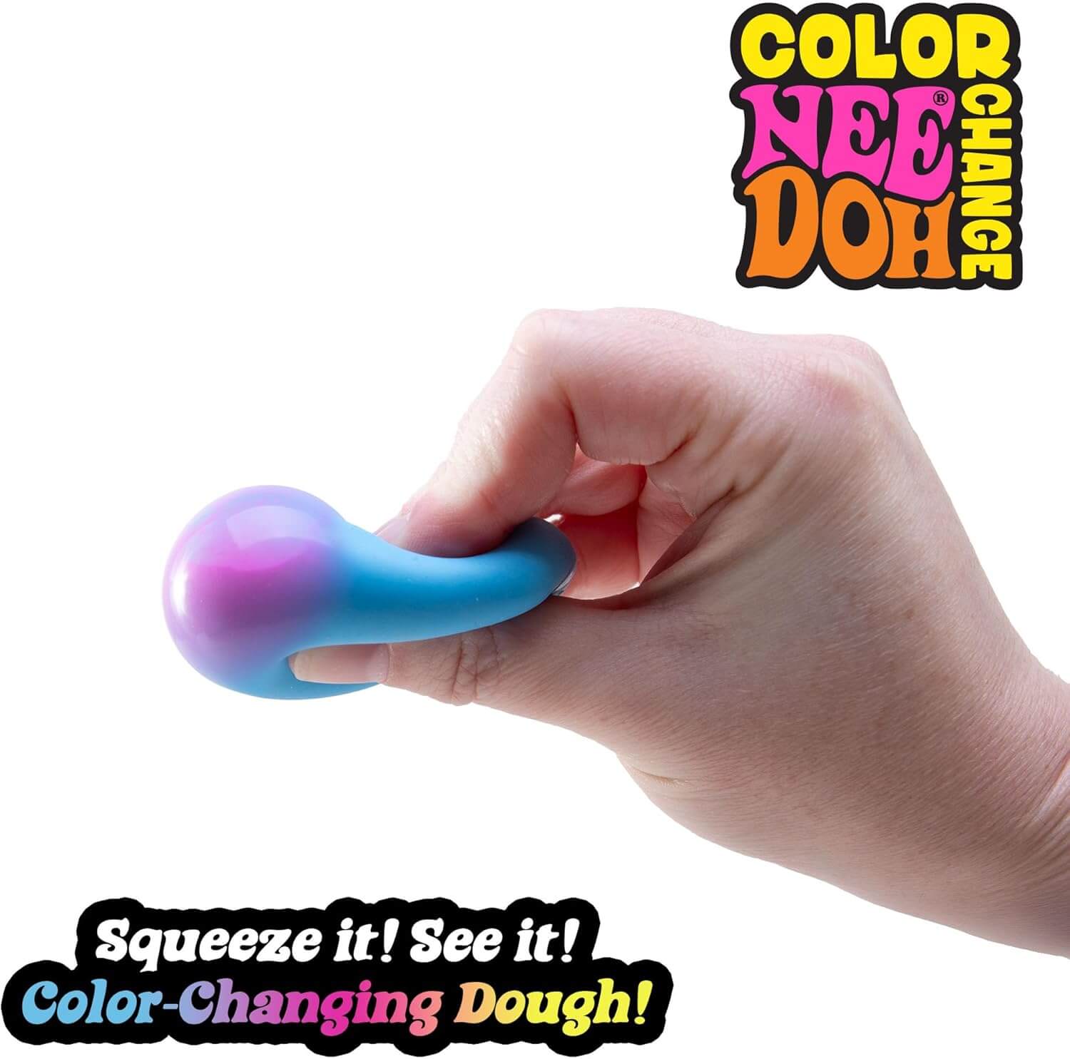 A hand squishes the color changing Teenie Fab Four NeeDoh.