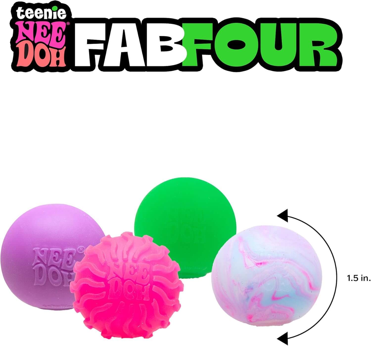 An infographic showing the 1.5" dimension of the Teenie Fab Four NeeDoh.