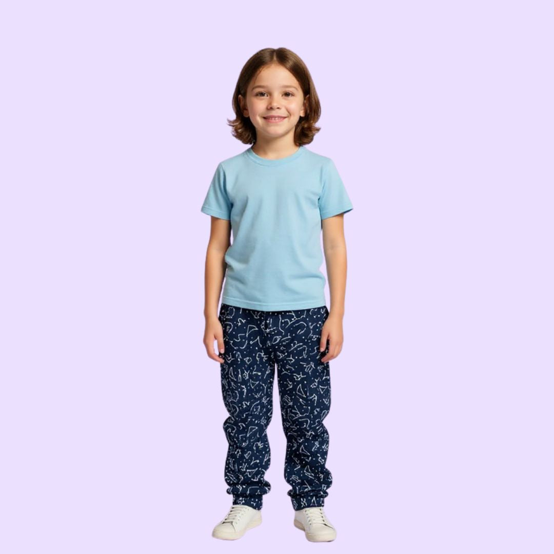 A child wears the constellation Youth Sensory Friendly Fidget Jogger.